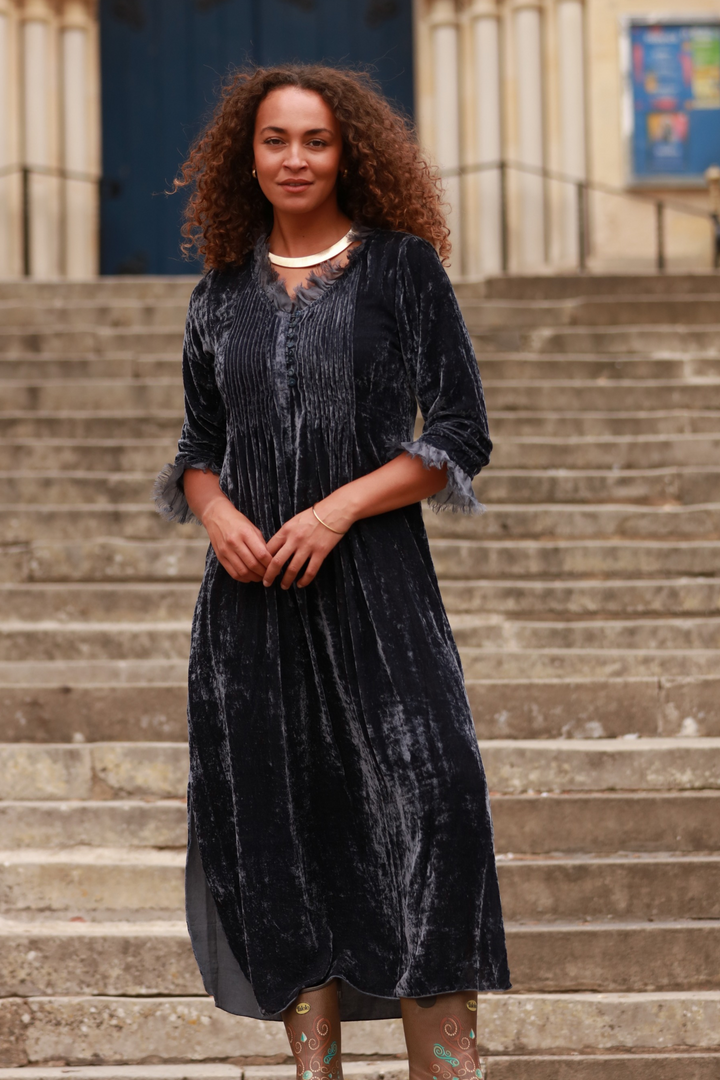 **COMING SOON - AVAILABLE TO PRE-ORDER** Silk Velvet Annabel Maxi Dress in French Grey