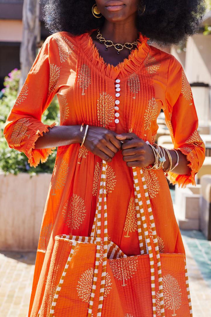 Cotton Annabel Maxi Dress in Tangerine & Gold