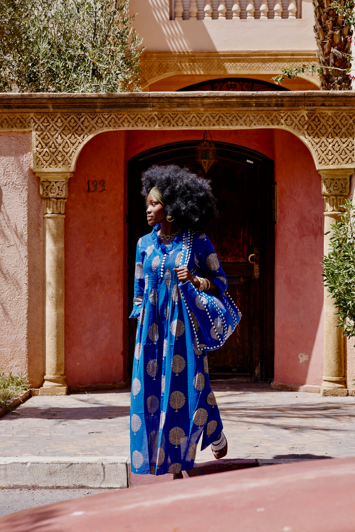 Cotton Annabel Maxi Dress in Marrakesh Blue & Gold