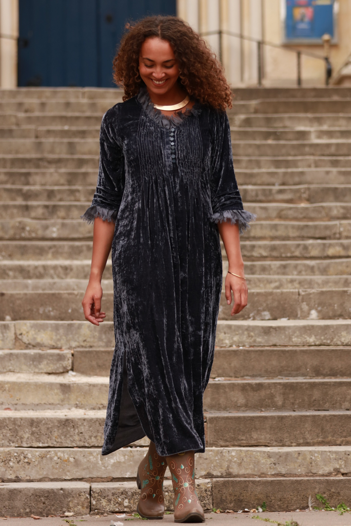**COMING SOON - AVAILABLE TO PRE-ORDER** Silk Velvet Annabel Maxi Dress in French Grey