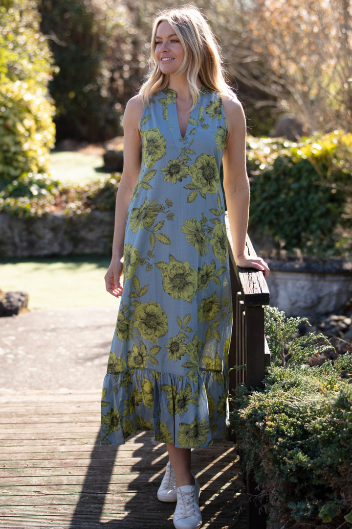 Cotton Lombock Midi Dress in Lime & Grey