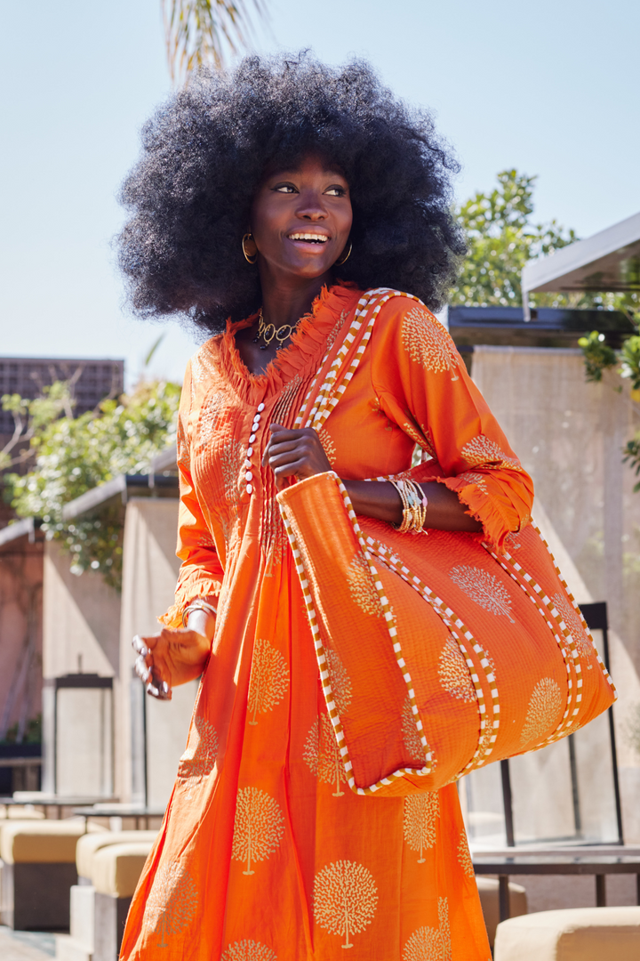 Large Cotton Tote Bag In Tangerine & Gold