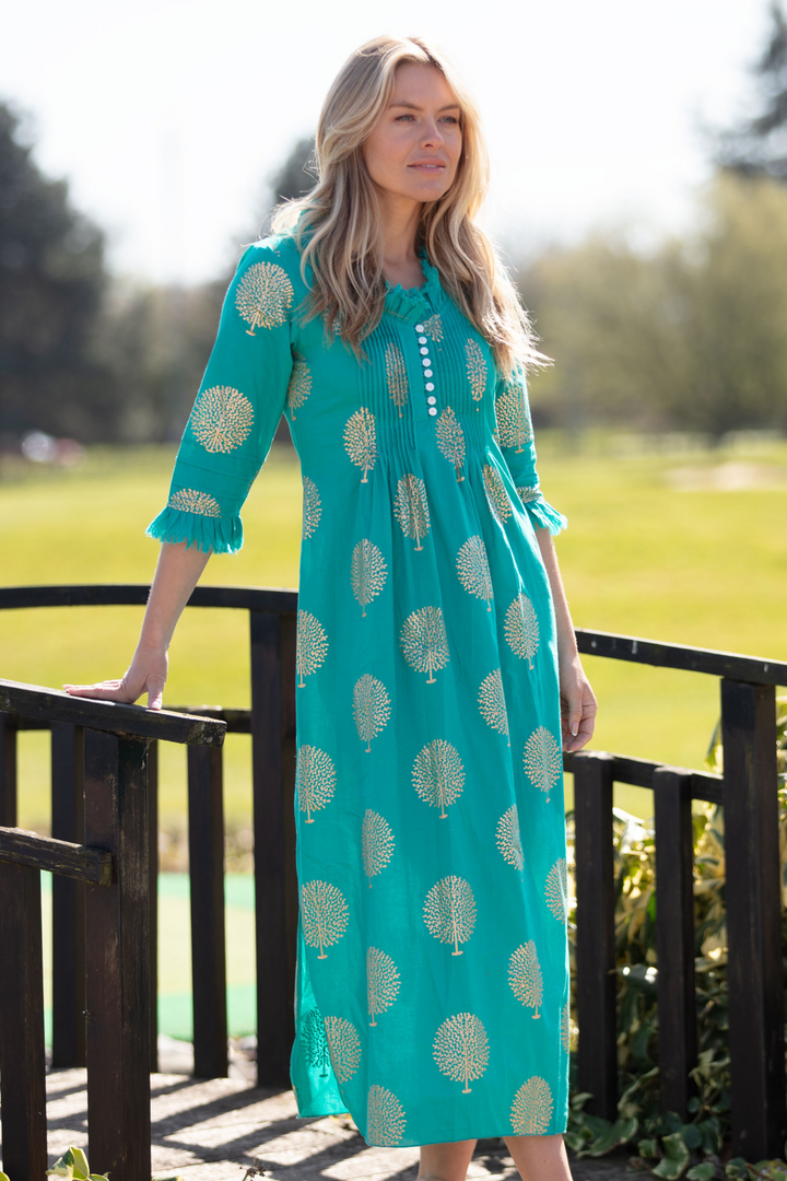 Cotton Annabel Maxi Dress in Peacock & Gold