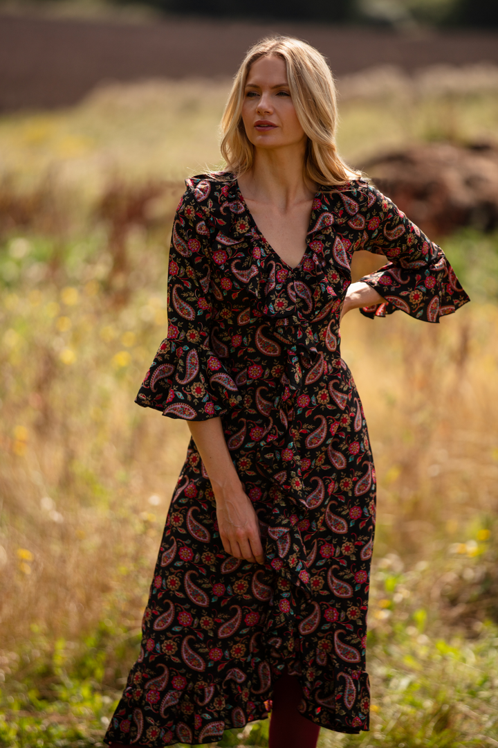 Felicity Midi Dress in Black Teardrop