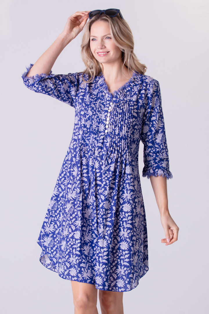 Annabel Cotton Tunic in Blue with White Flower