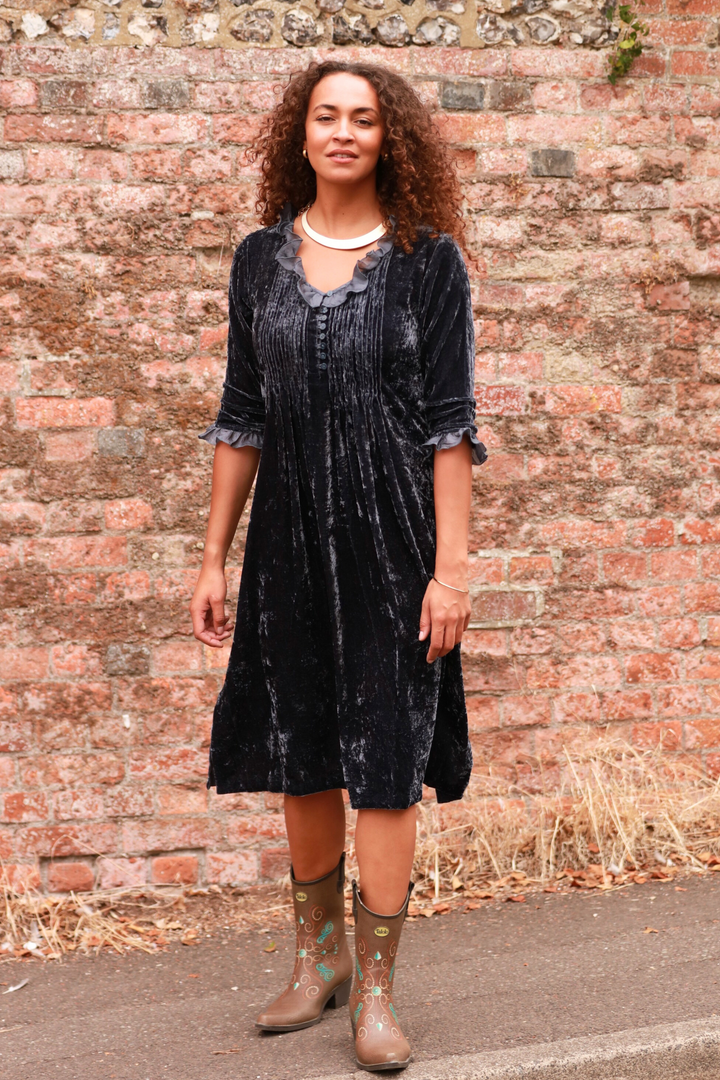 **COMING SOON - AVAILABLE TO PRE-ORDER** Silk Velvet Karen Dress in French Grey