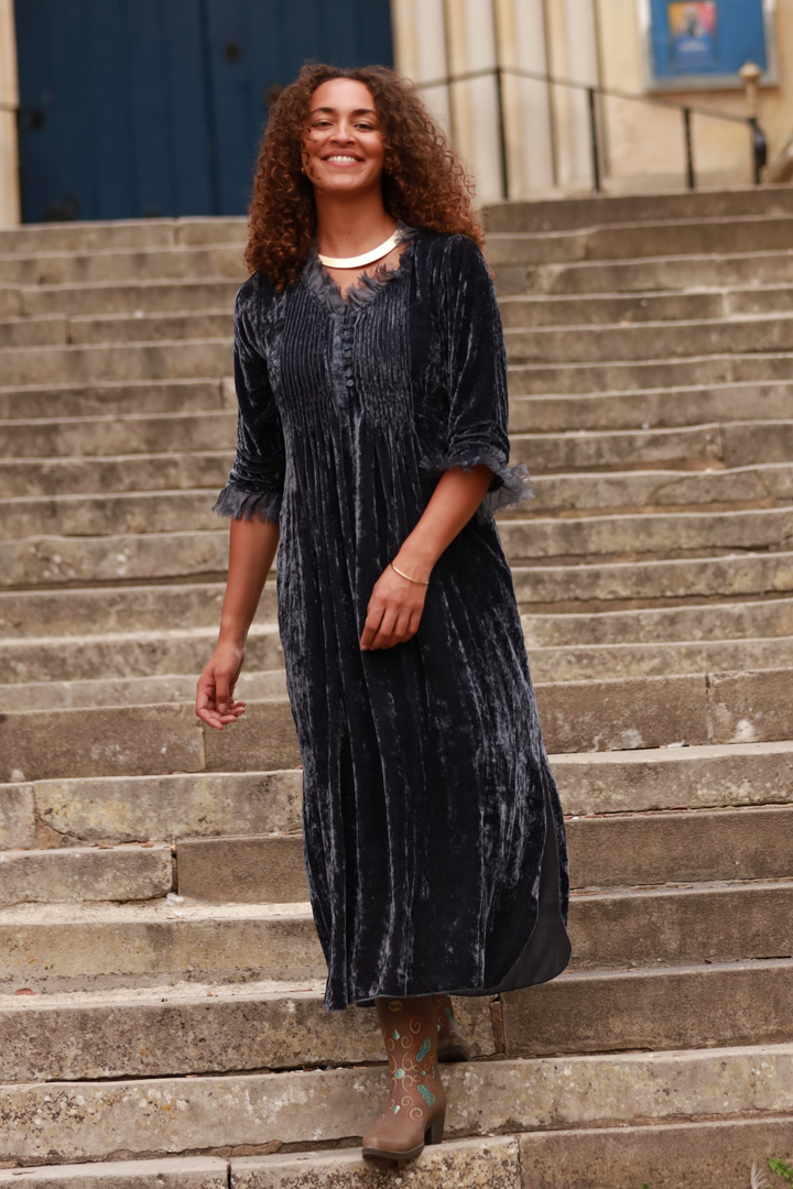 **COMING SOON - AVAILABLE TO PRE-ORDER** Silk Velvet Annabel Maxi Dress in French Grey