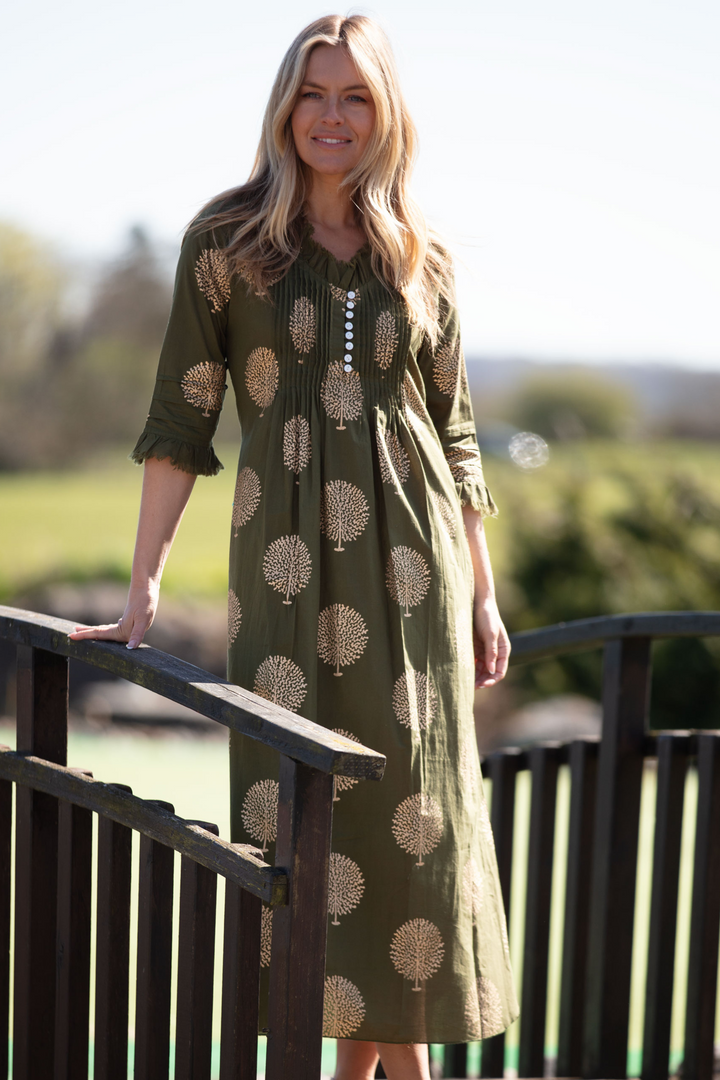 Cotton Annabel Maxi Dress in Olive & Gold