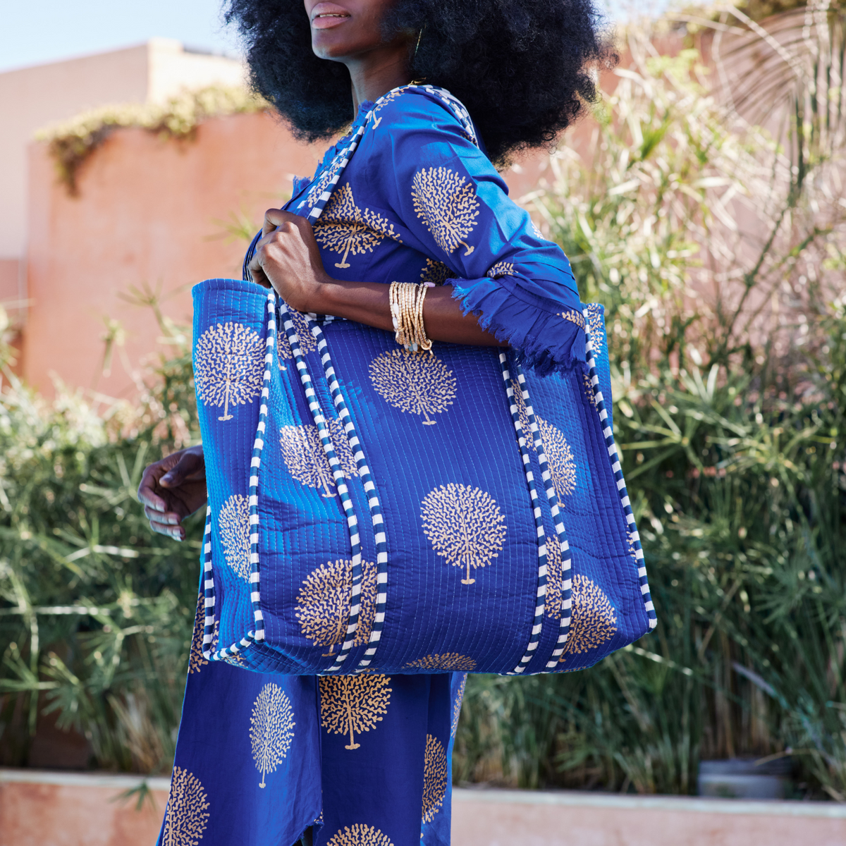 Large Cotton Tote Bag In Marrakesh Blue Gold – At Last Shop