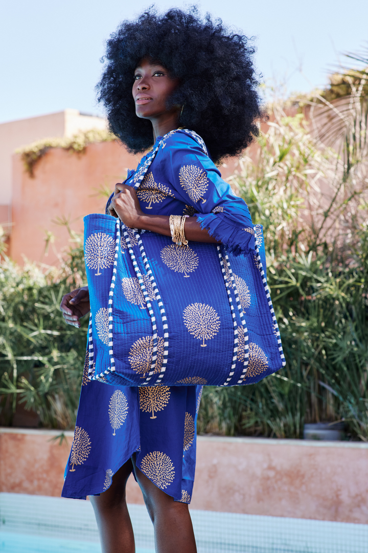 Cotton Tote Bag In Marrakesh Blue & Gold