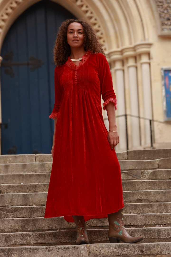 **COMING SOON - AVAILABLE TO PRE-ORDER** Silk Velvet Annabel Maxi Dress in Holly Red
