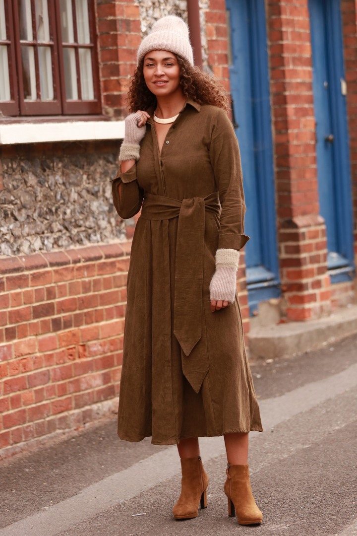 **COMING SOON - AVAILABLE TO PRE-ORDER** Mia Corduroy Midi Dress In Olive