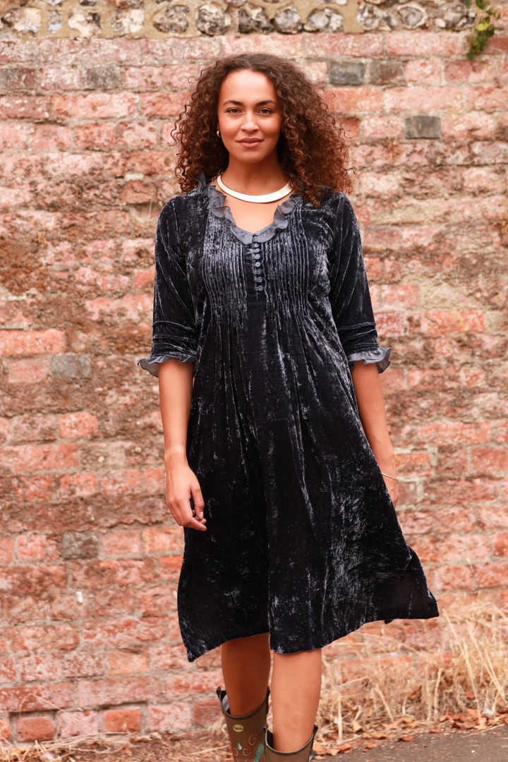 **COMING SOON - AVAILABLE TO PRE-ORDER** Silk Velvet Karen Dress in French Grey