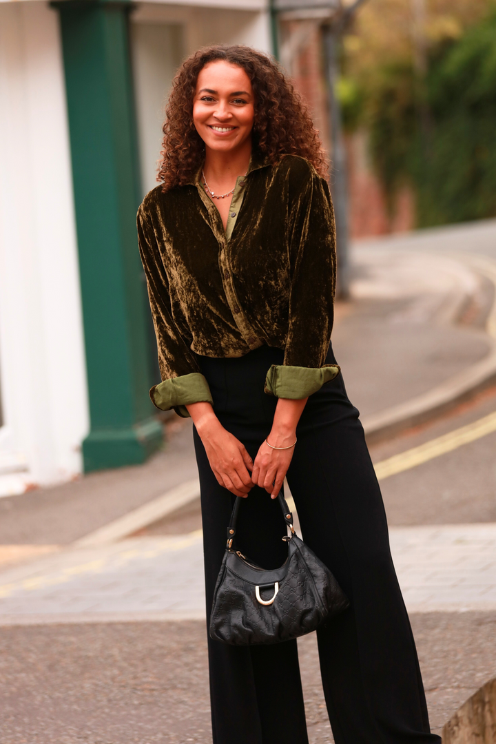 **COMING SOON - AVAILABLE TO PRE-ORDER** Silk Velvet Karen Shirt In Olive