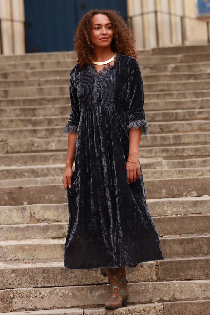 **COMING SOON - AVAILABLE TO PRE-ORDER** Silk Velvet Annabel Maxi Dress in French Grey