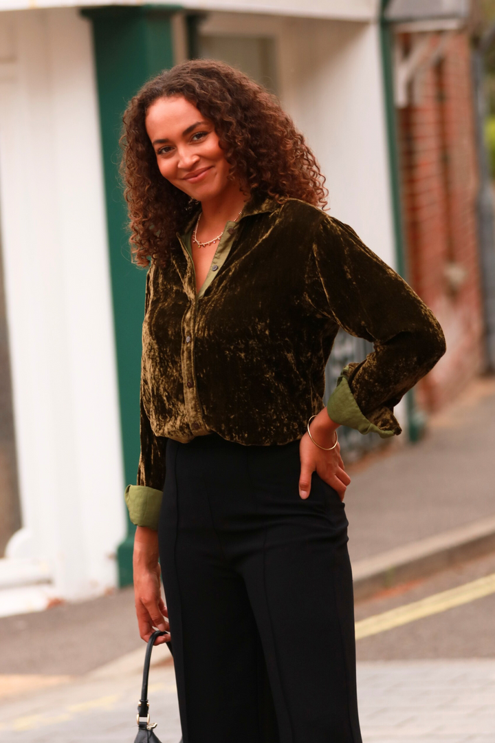 **COMING SOON - AVAILABLE TO PRE-ORDER** Silk Velvet Karen Shirt In Olive