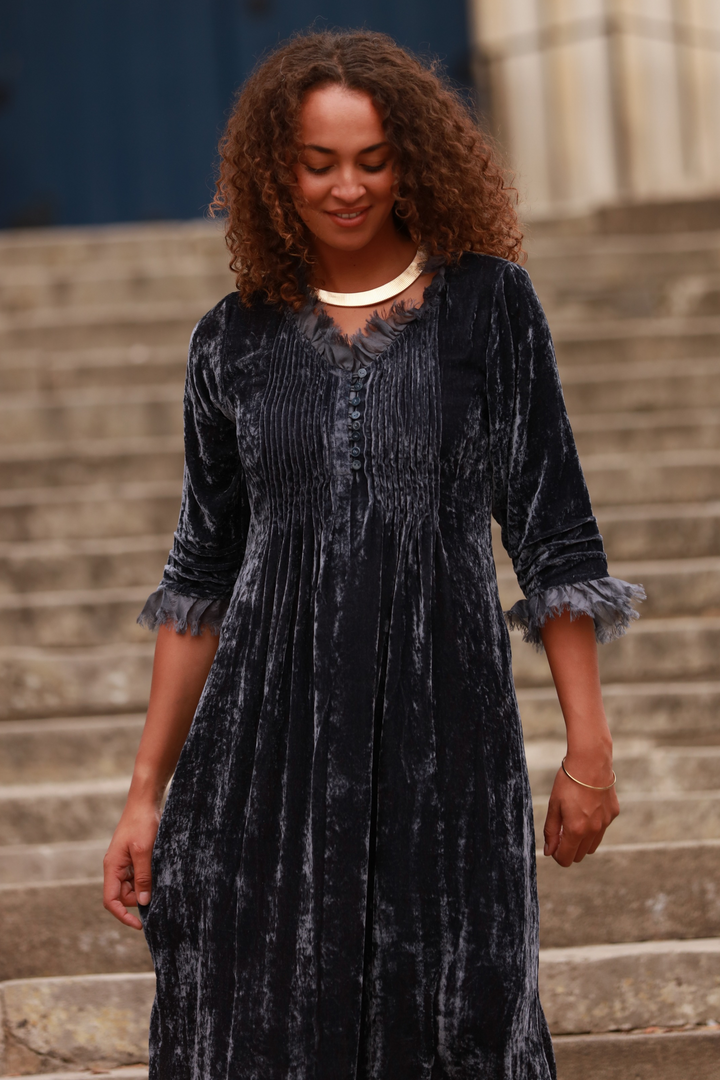 **COMING SOON - AVAILABLE TO PRE-ORDER** Silk Velvet Annabel Maxi Dress in French Grey