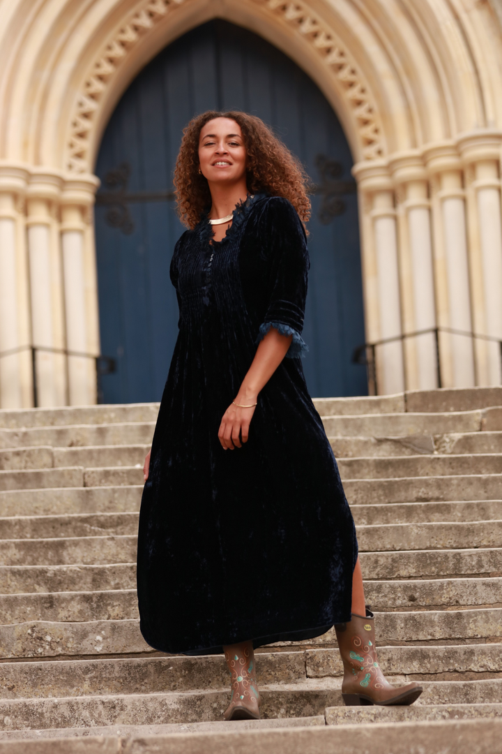 **COMING SOON - AVAILABLE TO PRE-ORDER** Silk Velvet Annabel Maxi Dress in Navy