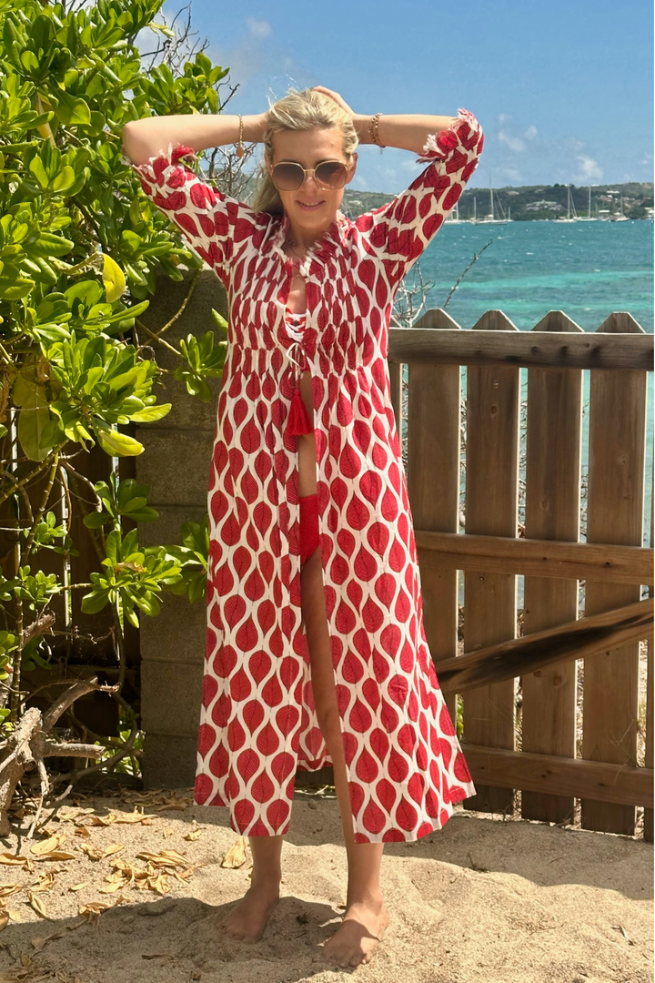 Cotton Annabel Maxi Coat in Red Leaf