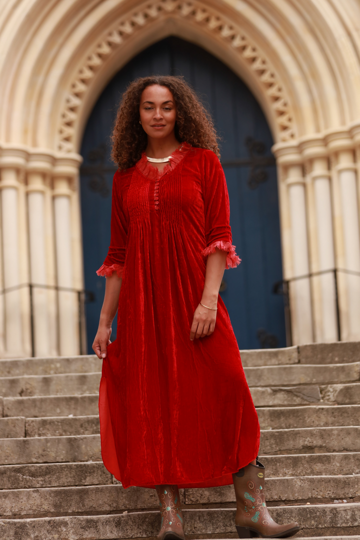 **COMING SOON - AVAILABLE TO PRE-ORDER** Silk Velvet Annabel Maxi Dress in Holly Red
