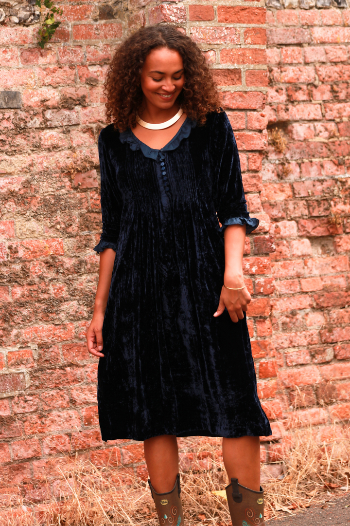 **COMING SOON - AVAILABLE TO PRE-ORDER** Silk Velvet Karen Dress in Navy