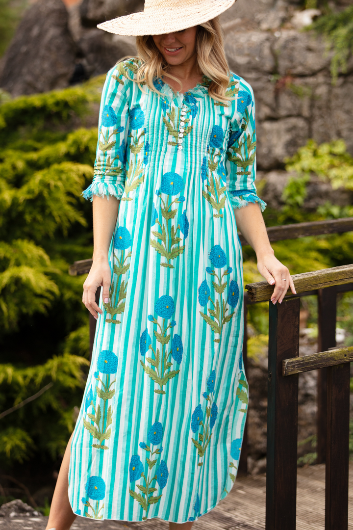 Cotton Annabel Maxi Dress in Turquoise Marigold