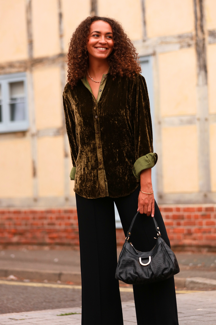 Silk Velvet Karen Shirt In Olive