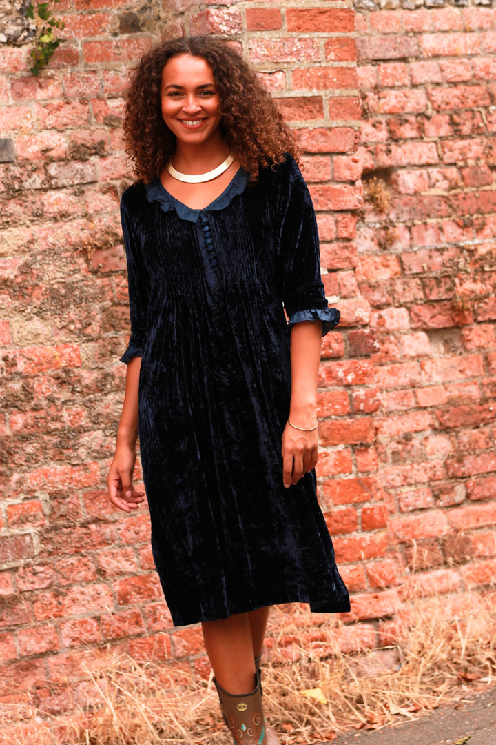 **COMING SOON - AVAILABLE TO PRE-ORDER** Silk Velvet Karen Dress in Navy