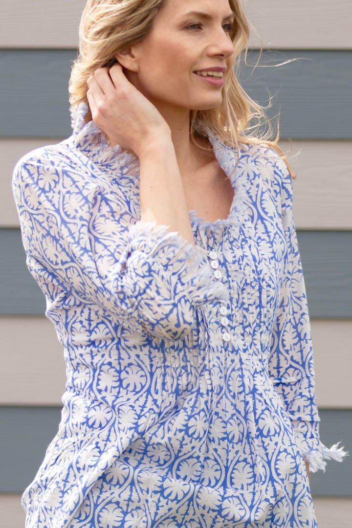 Sophie Cotton Shirt in White with Blue Fern