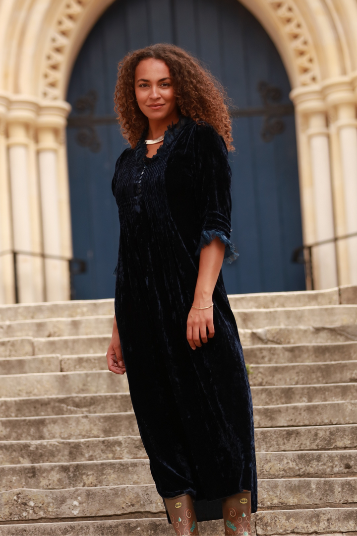 **COMING SOON - AVAILABLE TO PRE-ORDER** Silk Velvet Annabel Maxi Dress in Navy