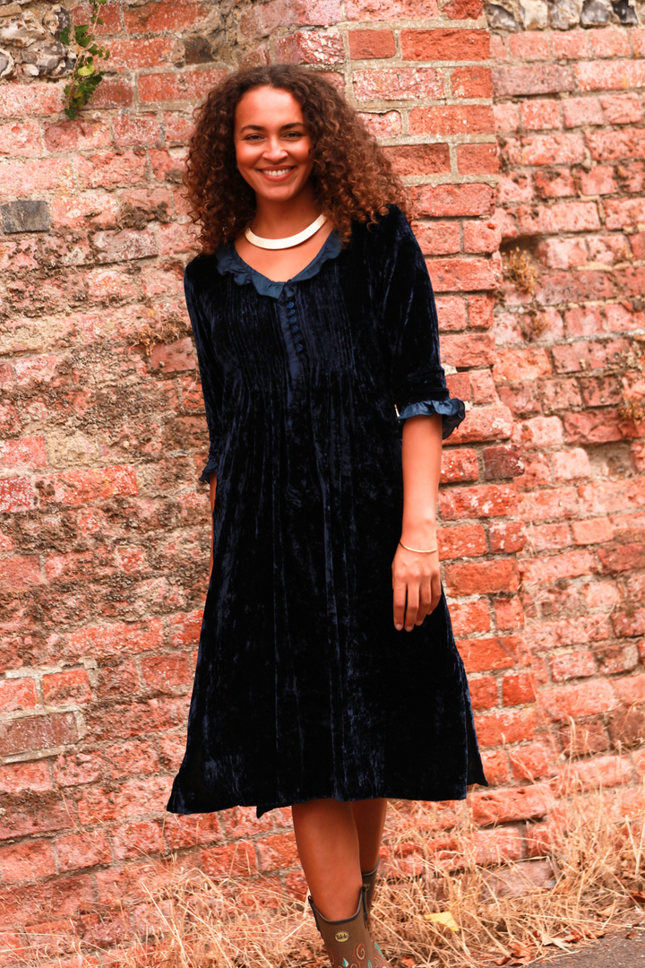 **COMING SOON - AVAILABLE TO PRE-ORDER** Silk Velvet Karen Dress in Navy