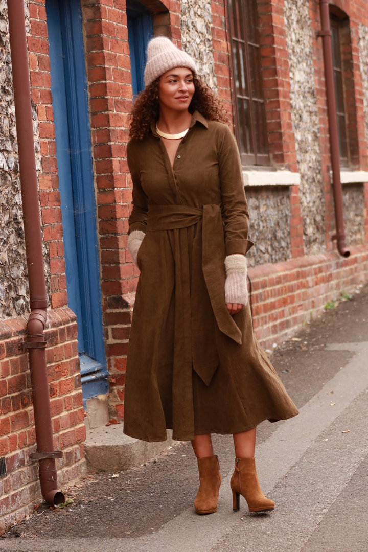 **COMING SOON - AVAILABLE TO PRE-ORDER** Mia Corduroy Midi Dress In Olive