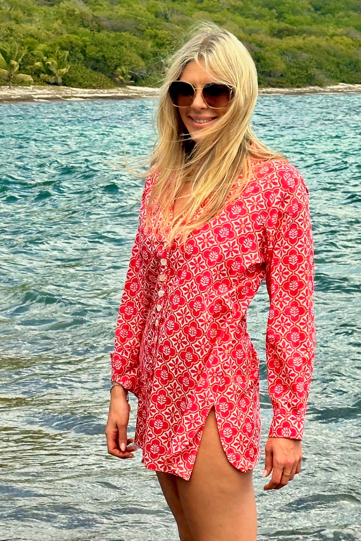 Cotton Louise Shirt in Coral & White Flower