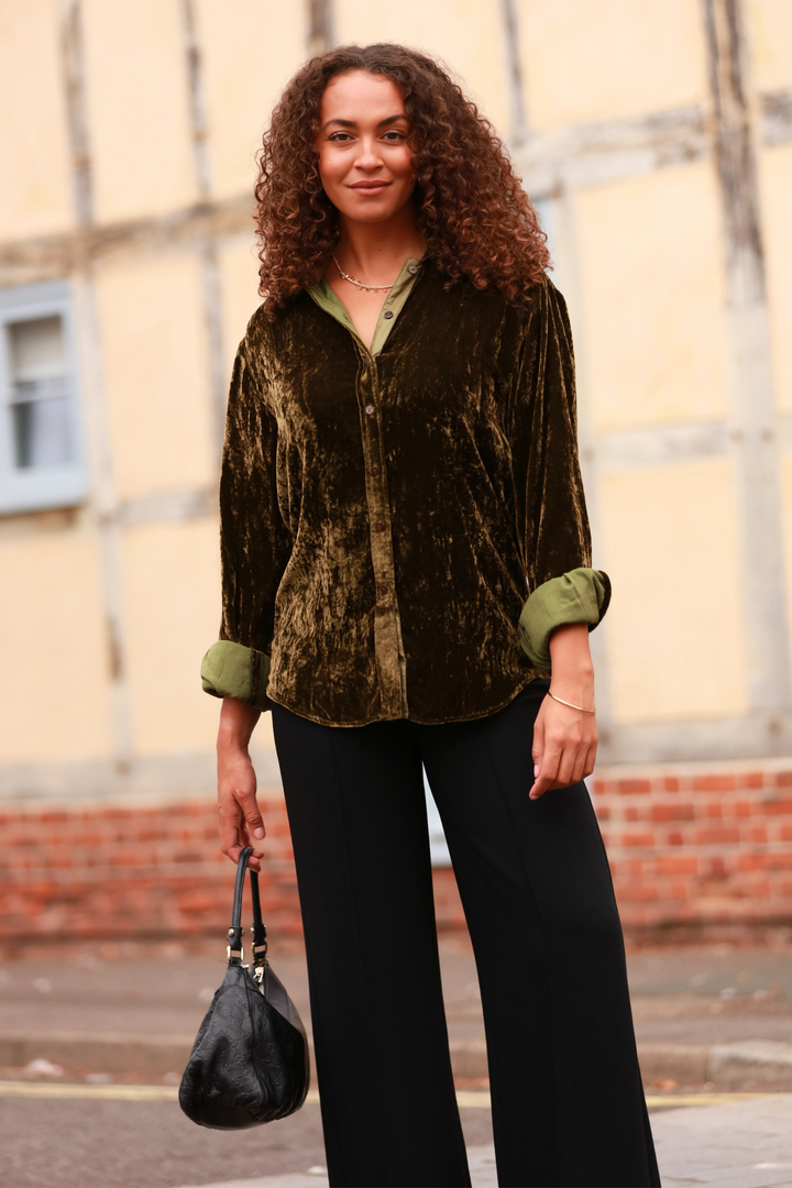 **COMING SOON - AVAILABLE TO PRE-ORDER** Silk Velvet Karen Shirt In Olive