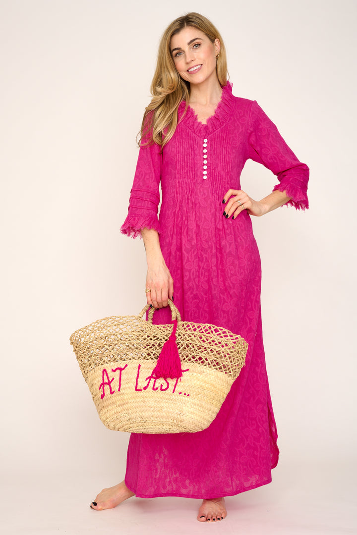 Cotton Annabel Maxi Dress in Hand Woven Hot Pink