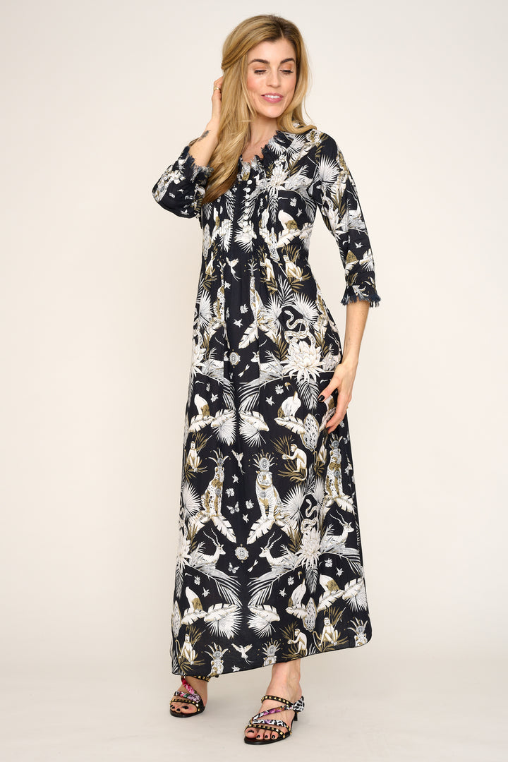 Cotton Annabel Maxi Dress in Black Tropical