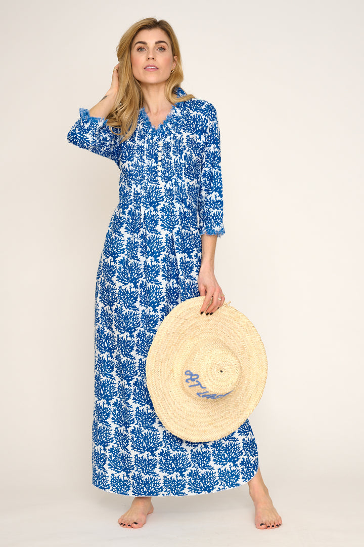Cotton Annabel Maxi Dress in White with Blue Reef