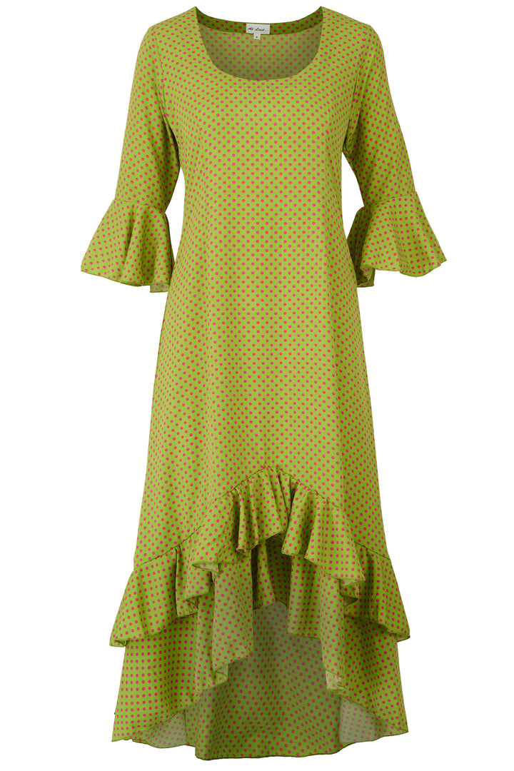 Victoria Midi Dress in Green with Hot Pink Spot