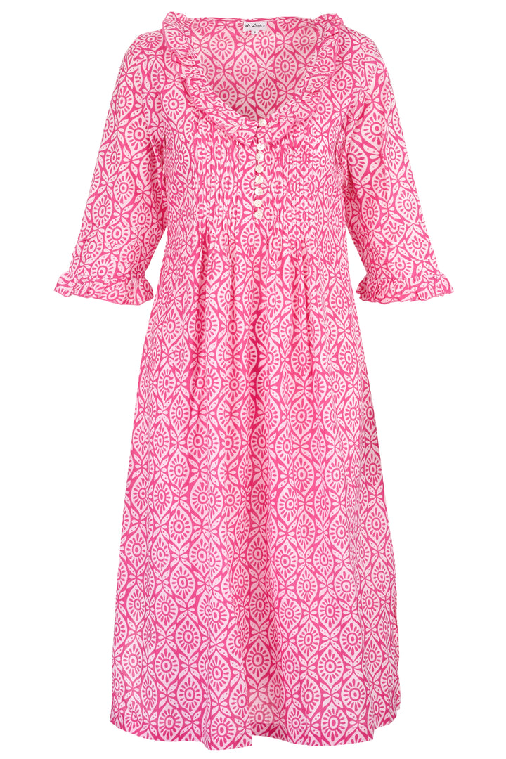 Cotton Karen 3/4 Sleeve Day Dress in Bubblegum Pink & White