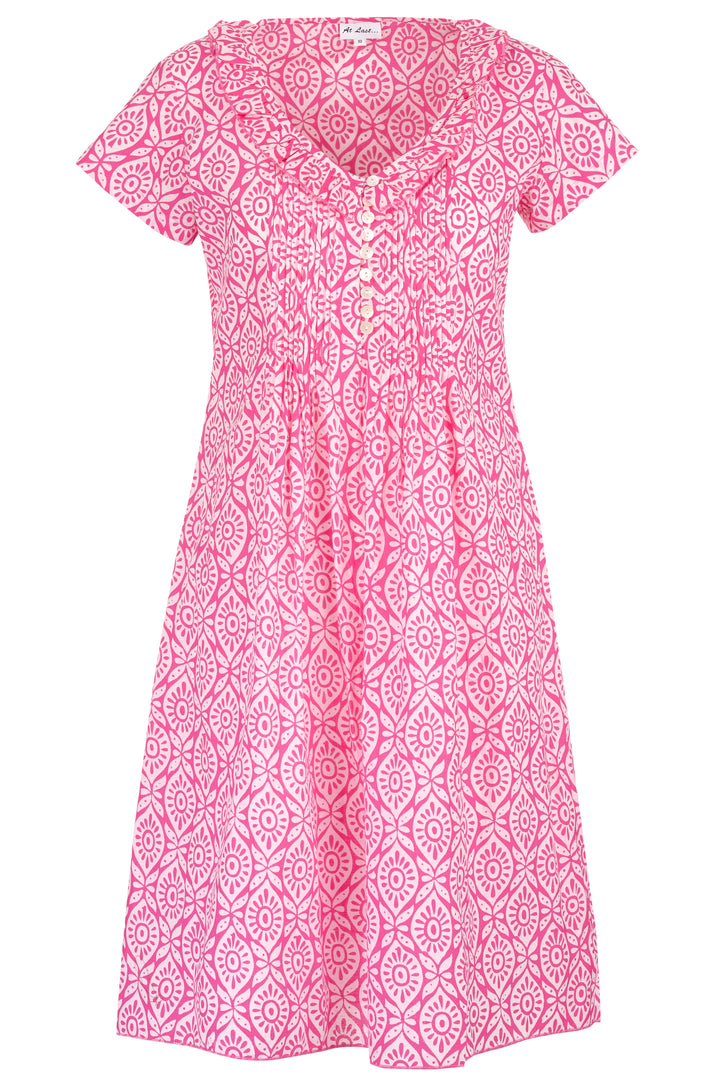 Cotton Karen Short Sleeve Day Dress in Bubblegum Pink & White