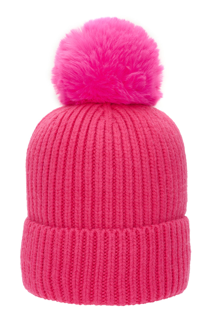 Super Soft Chunky Cashmere Hat with Pom Pom in Hot Pink