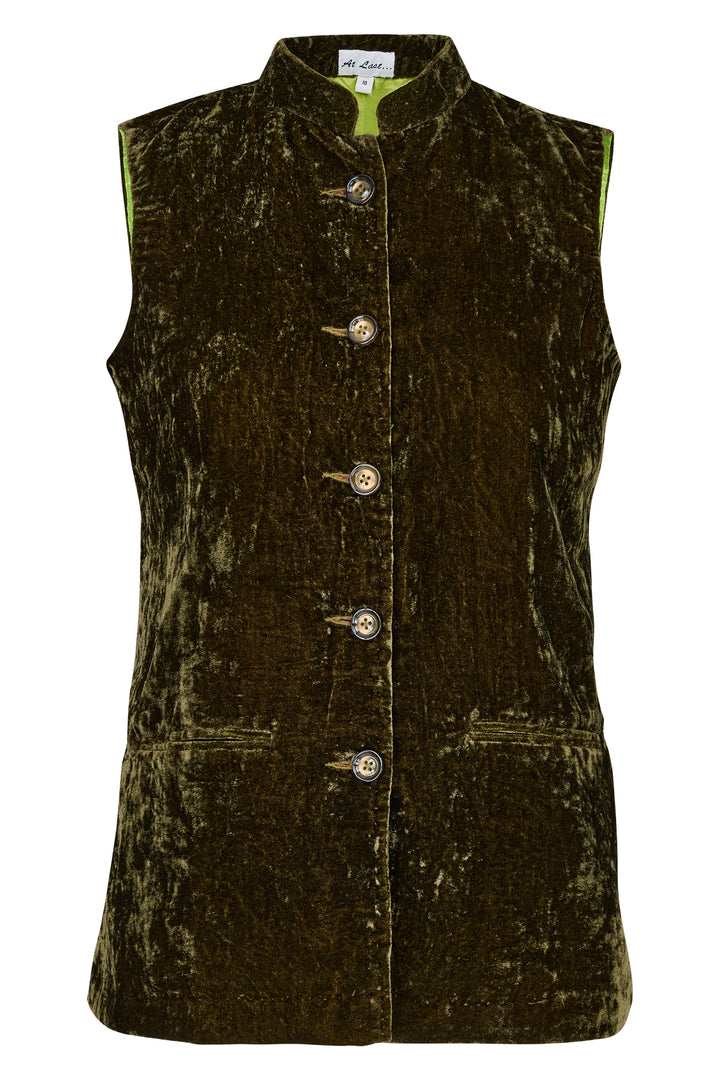 Short Silk Velvet Waistcoat In Olive Green