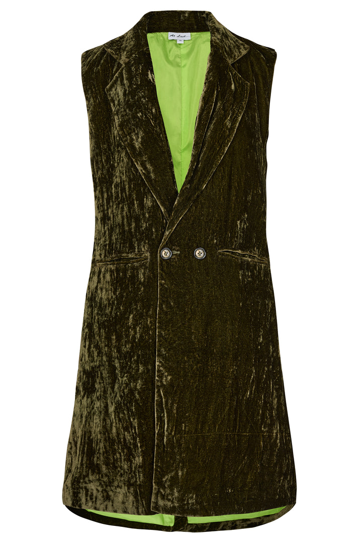 Long Silk Velvet Waistcoat In Olive Green