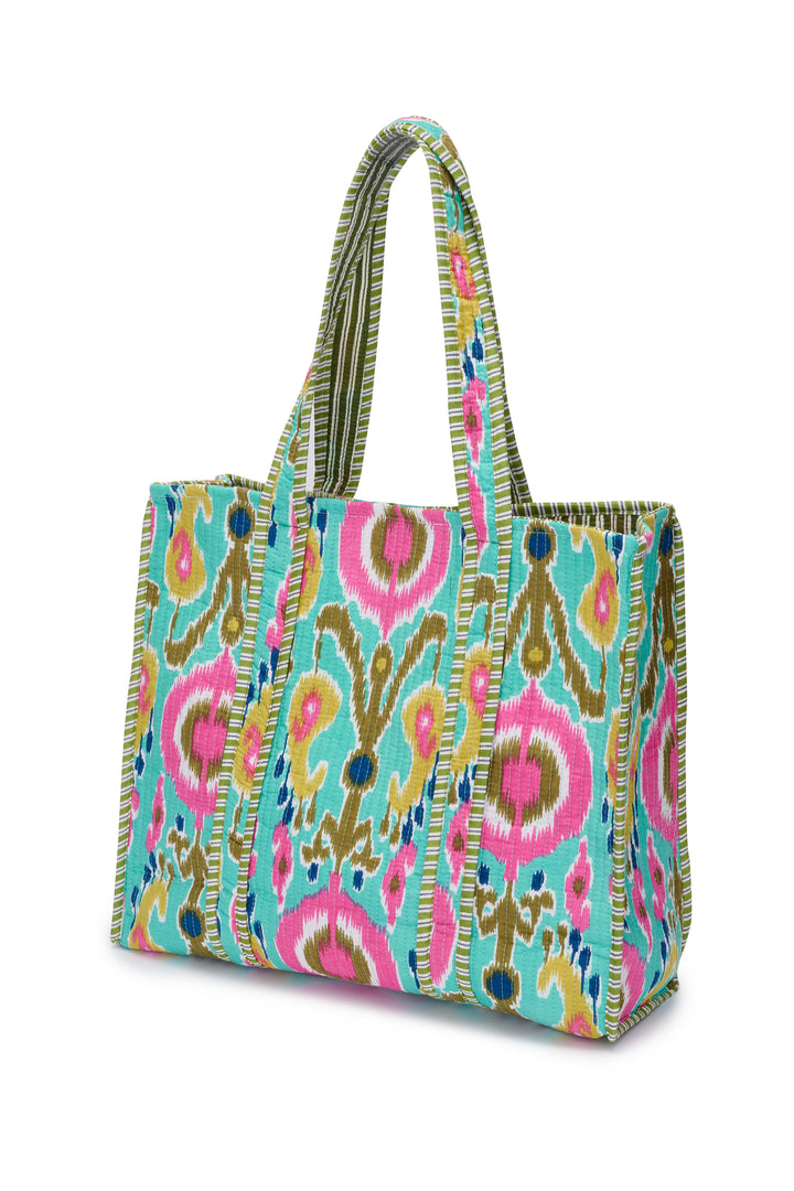 Cotton Tote Bag In Turquoise Multi Ikat