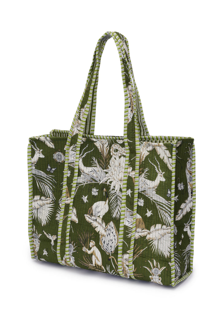 Cotton Tote Bag In Olive Green Tropical