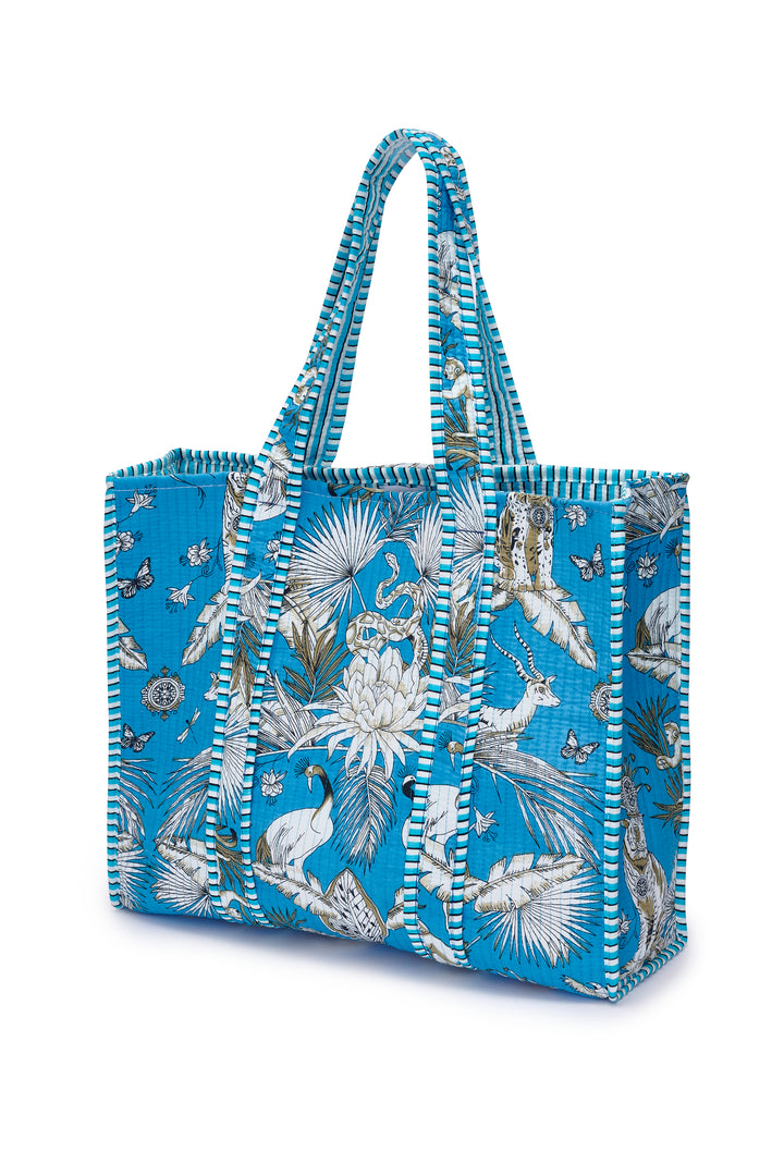Cotton Tote Bag In Sky Blue Tropical