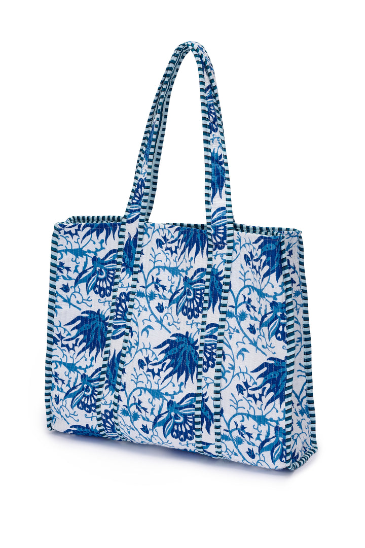 Cotton Tote Bag In Botanical Blue Flower