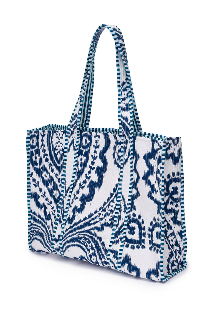 Cotton Tote Bag In Blue & White Ikat