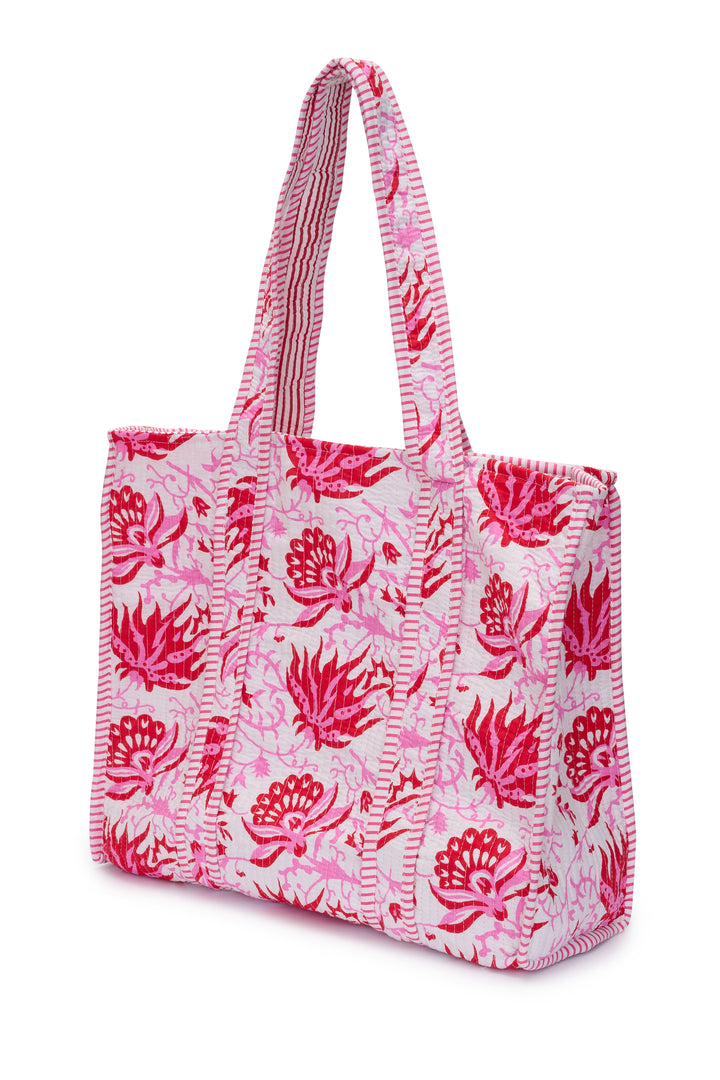 Cotton Tote Bag In Botanical Red & Pink Flower