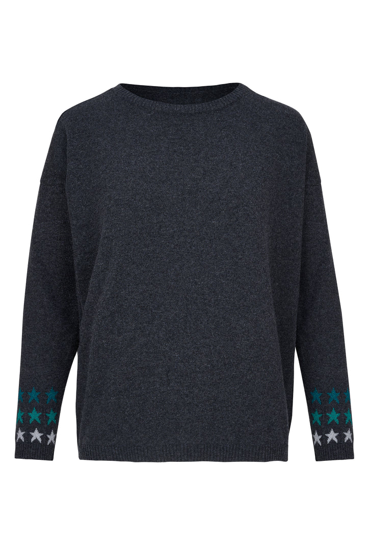 Cashmere Mix Sweater in Charcoal Grey with Multi Star Cuff